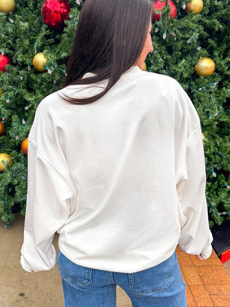Back view of white oversized long-sleeve pullover sweatshirt, plain solid