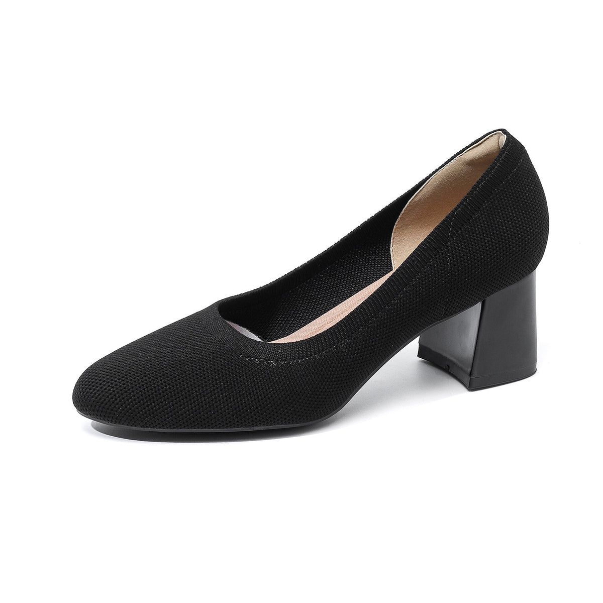 Black knit pointed-toe pumps with chunky block heel