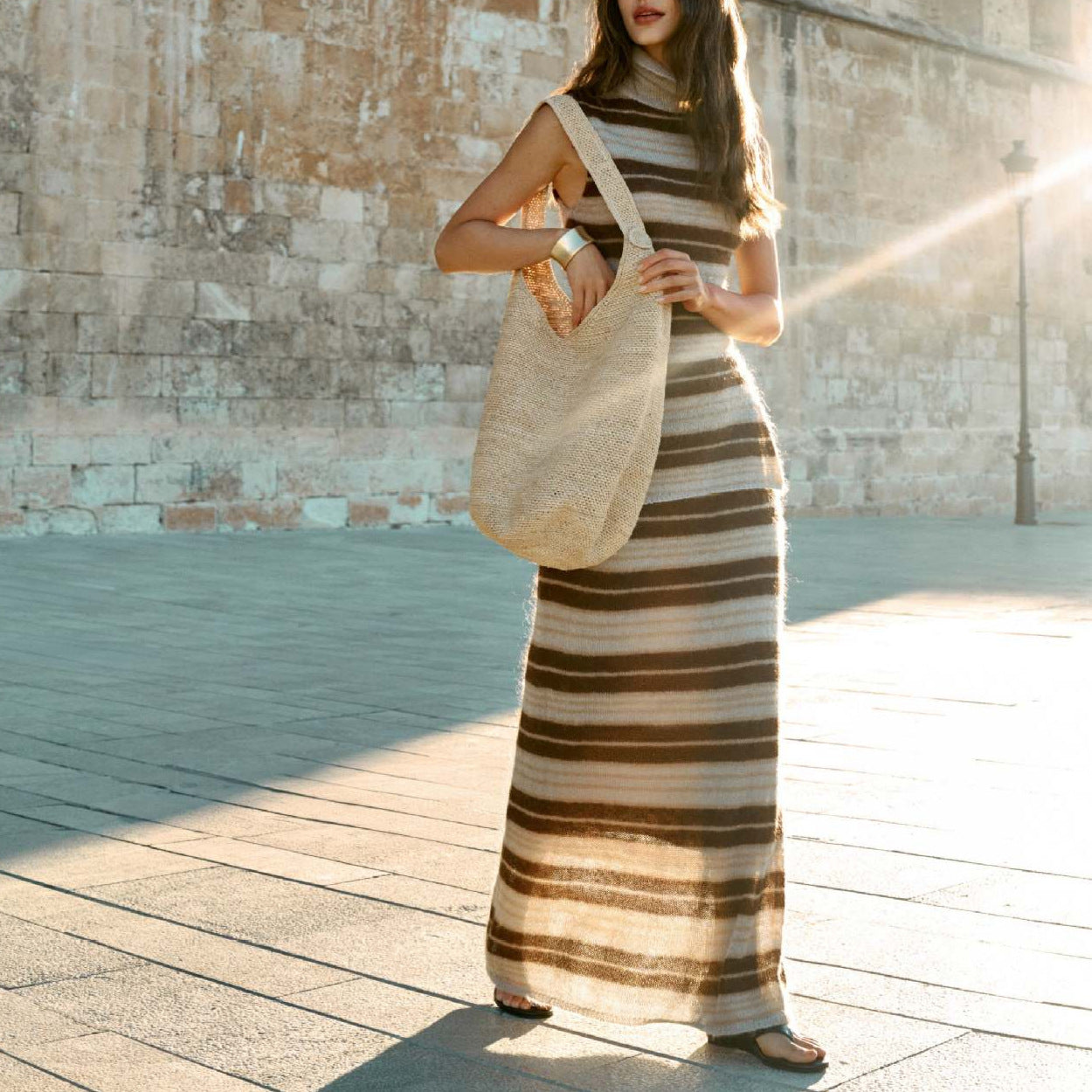 Striped sleeveless high-neck knitted top and long bodycon skirt set, beige-brown stripes
