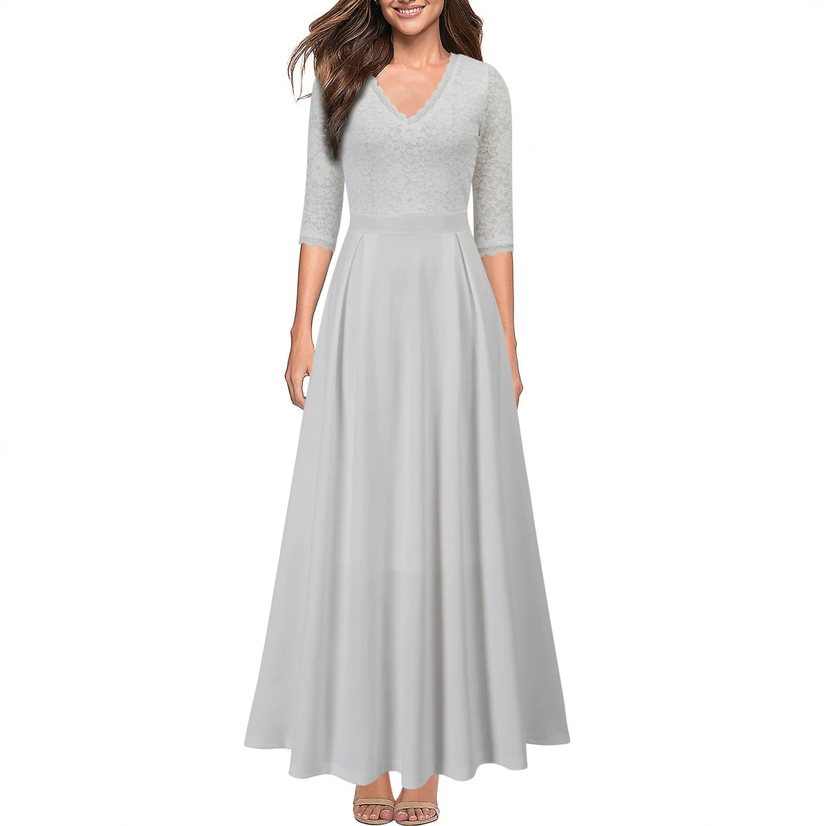 Light gray lace long dress with 3/4 sleeves, V-neck, fitted waist, flared skirt.