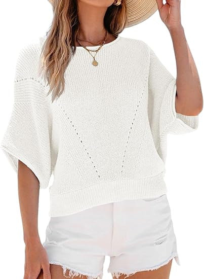 White women’s knit pullover sweater with round neck and short batwing sleeves