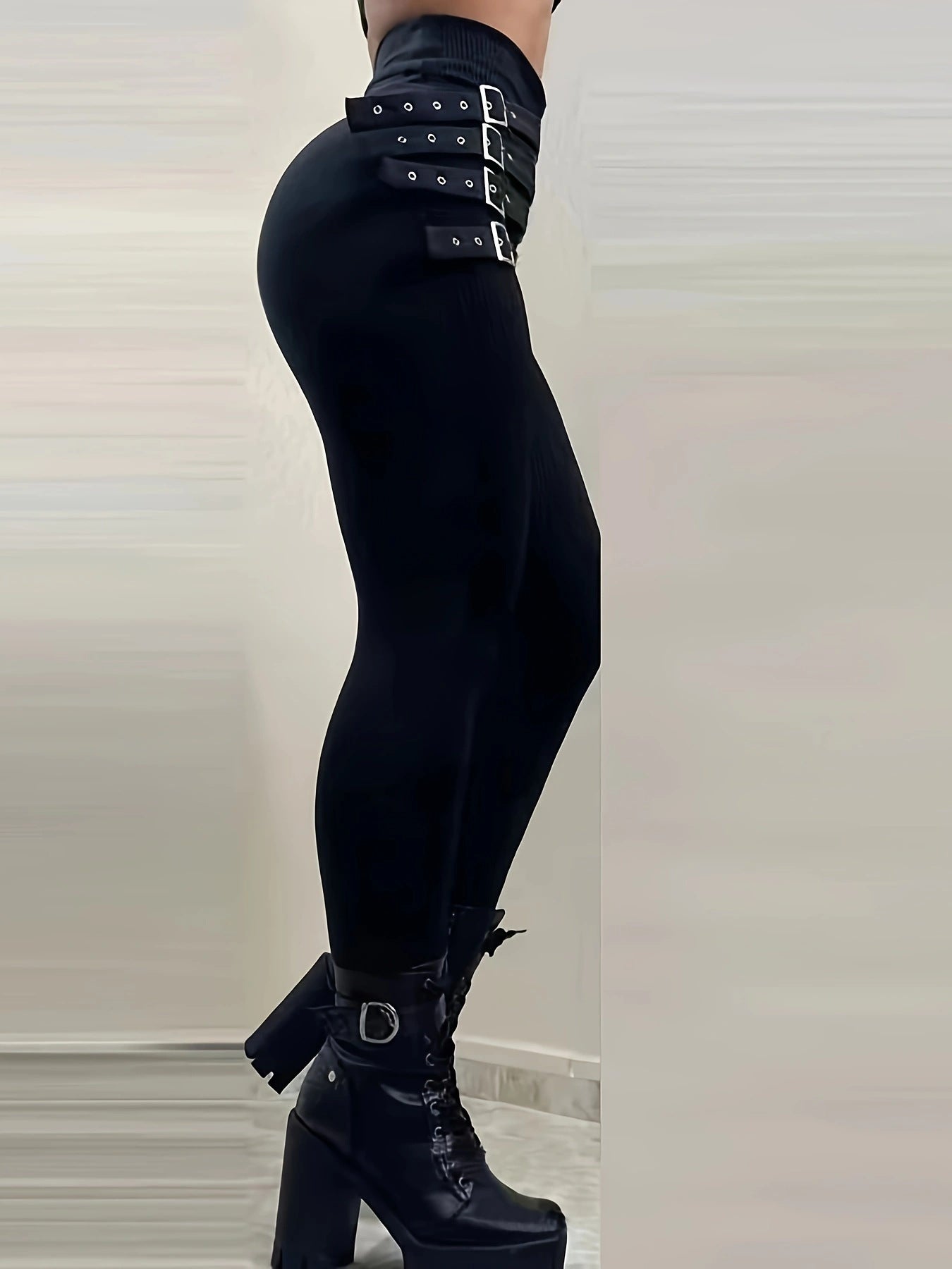 Buckle Strap Leggings for Women — High Waisted Corset Waistband in Ribbed Knit