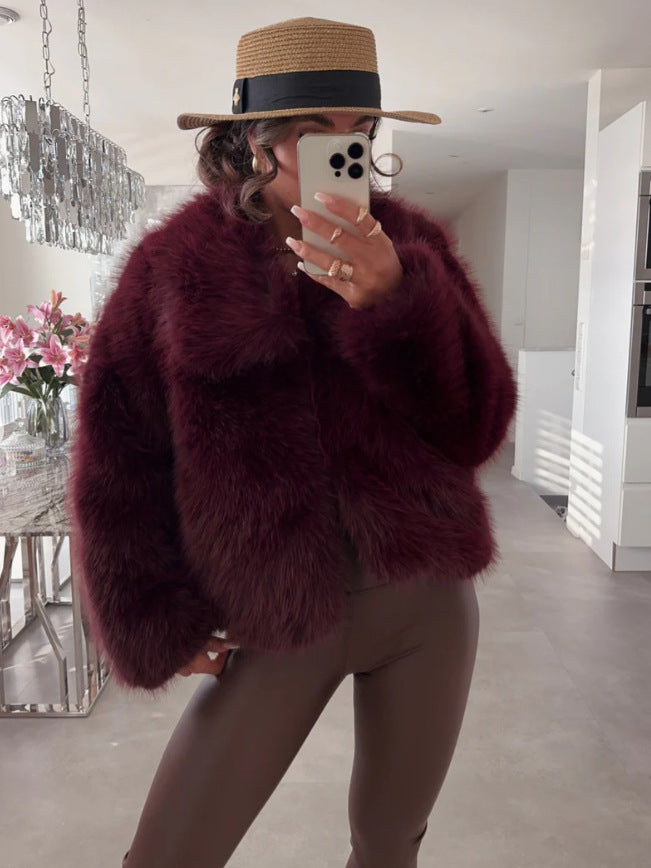Wine red faux fur short cardigan jacket with high neck and open front