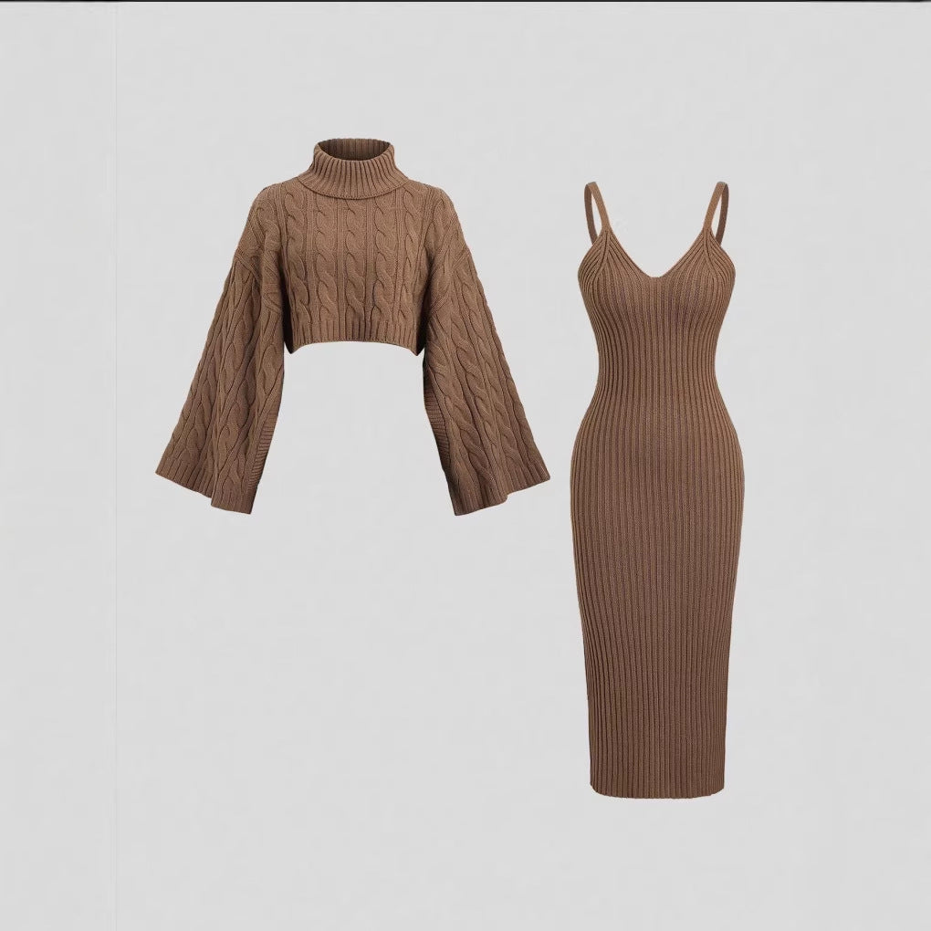 Brown cable-knit cropped cardigan with high neck paired with ribbed long camisole dress