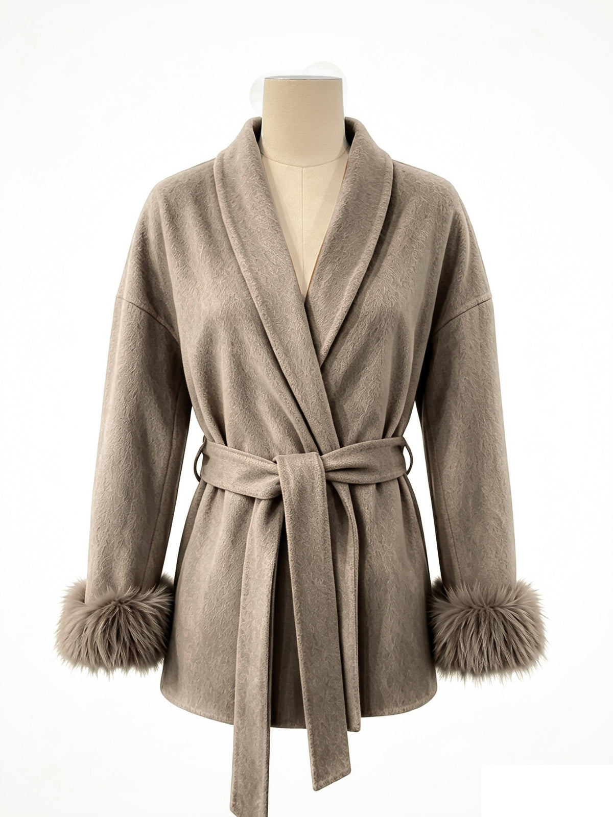 Taupe wool wrap coat on mannequin with tie belt, turn-down collar, and faux fur cuffs.
