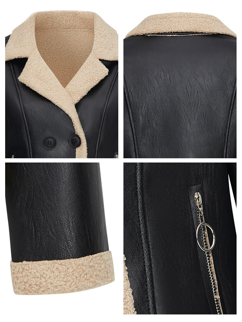 Faux Shearling Jacket for Women — Double Breasted Moto Style in Faux Leather