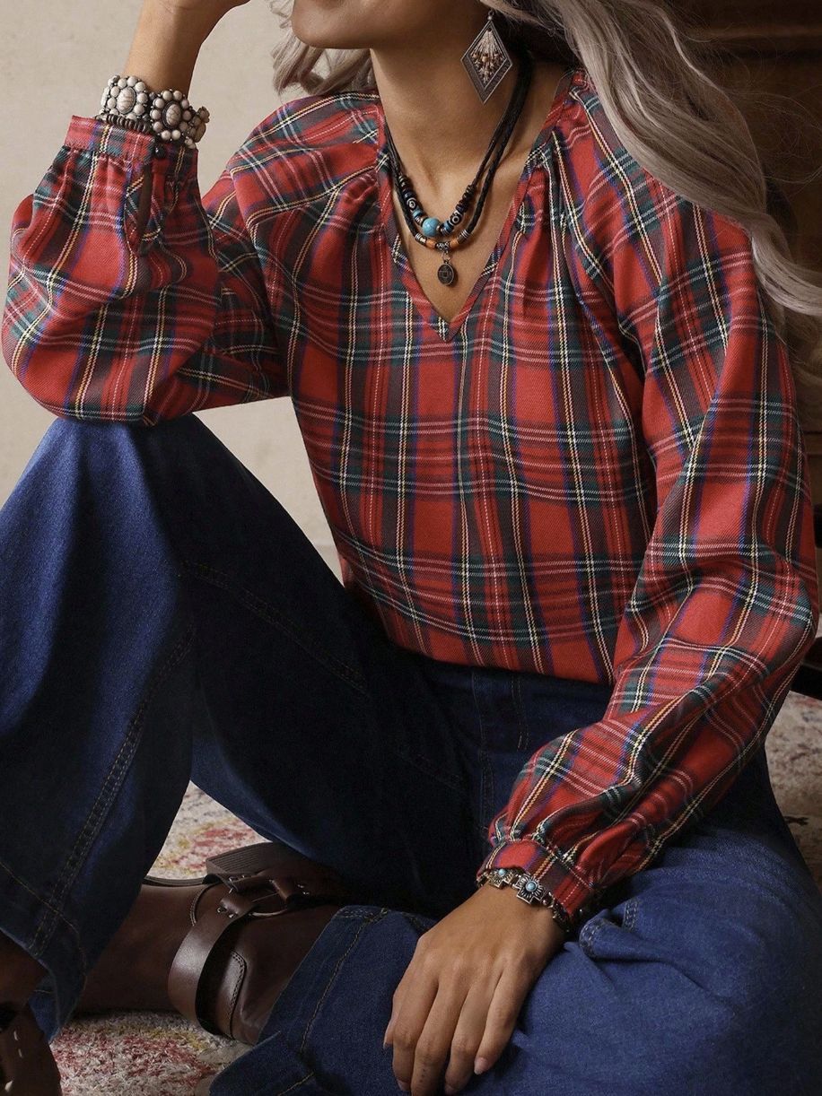 Plaid Blouse — Boho V Neck Peasant Top with Balloon Sleeves and Tie Detail in Viscose