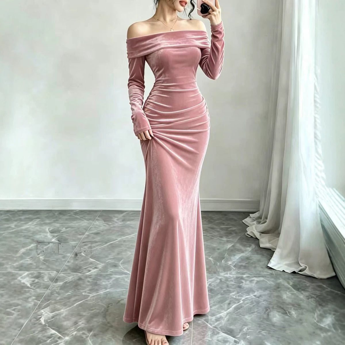 Velvet Maxi Dress with Off Shoulder Neckline — Long Sleeve Mermaid Evening Gown