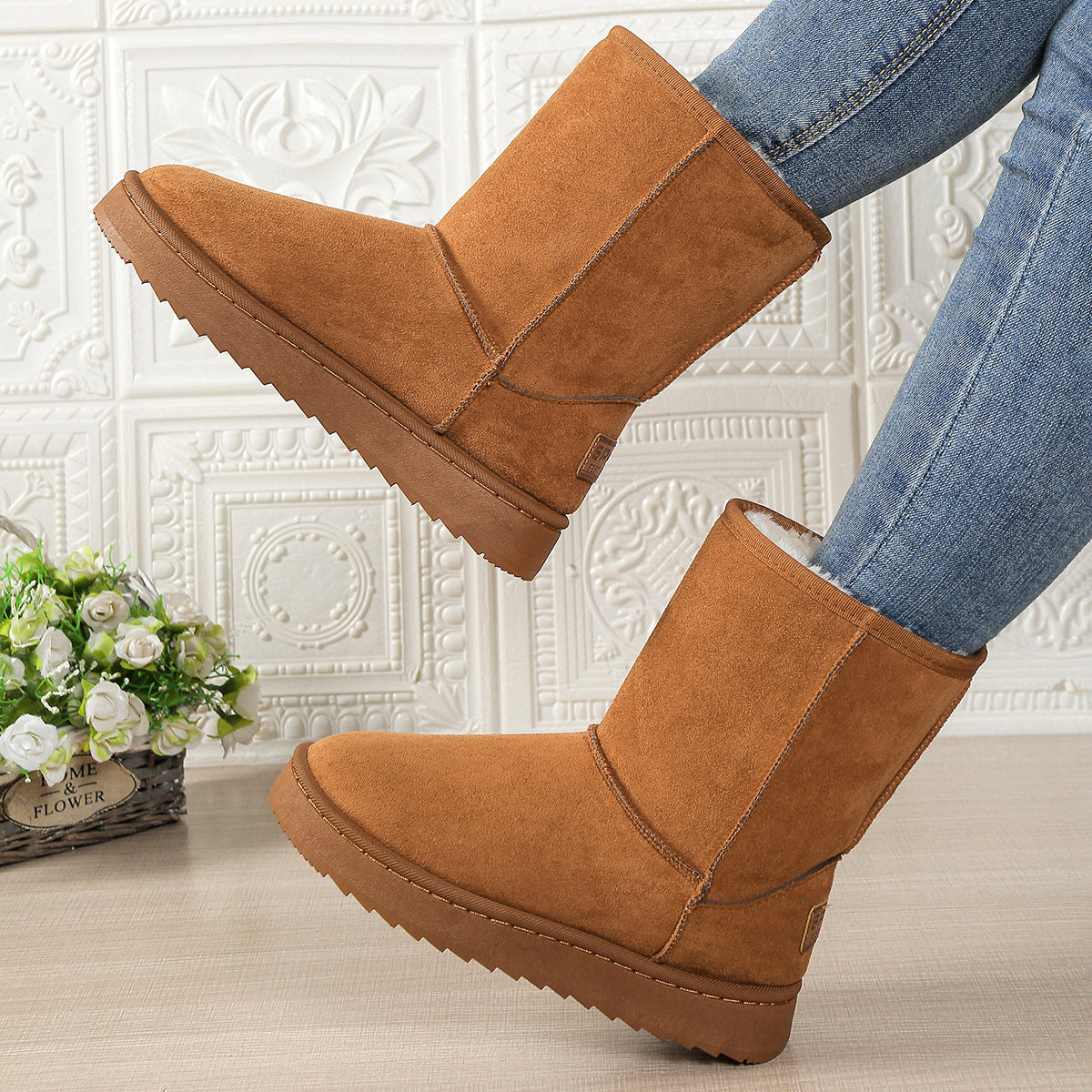 Women’s mid-calf fleece-lined slip-on snow boots in tan brown suede with side gore panels