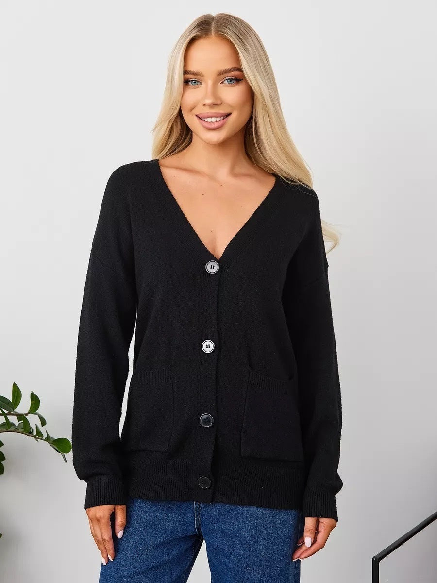 Women's black knit V-neck cardigan with button front and front pockets, long sleeves