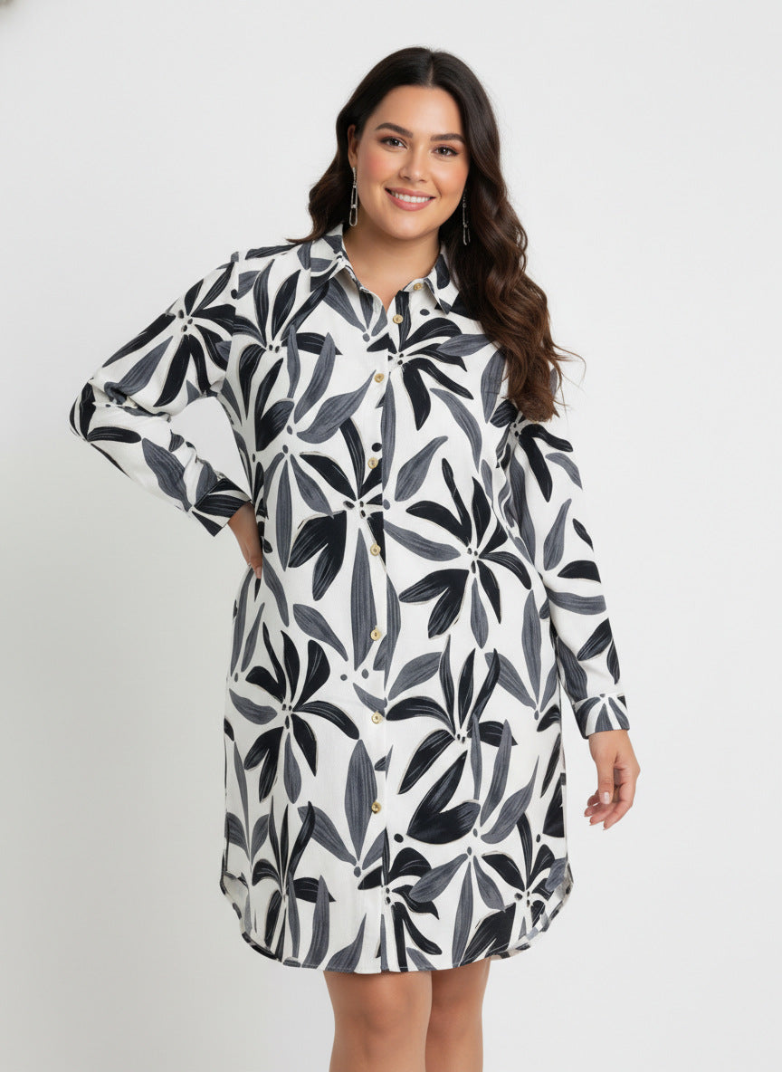 Black and white leaf printed long-sleeve shirt dress with button front, buttoned detail