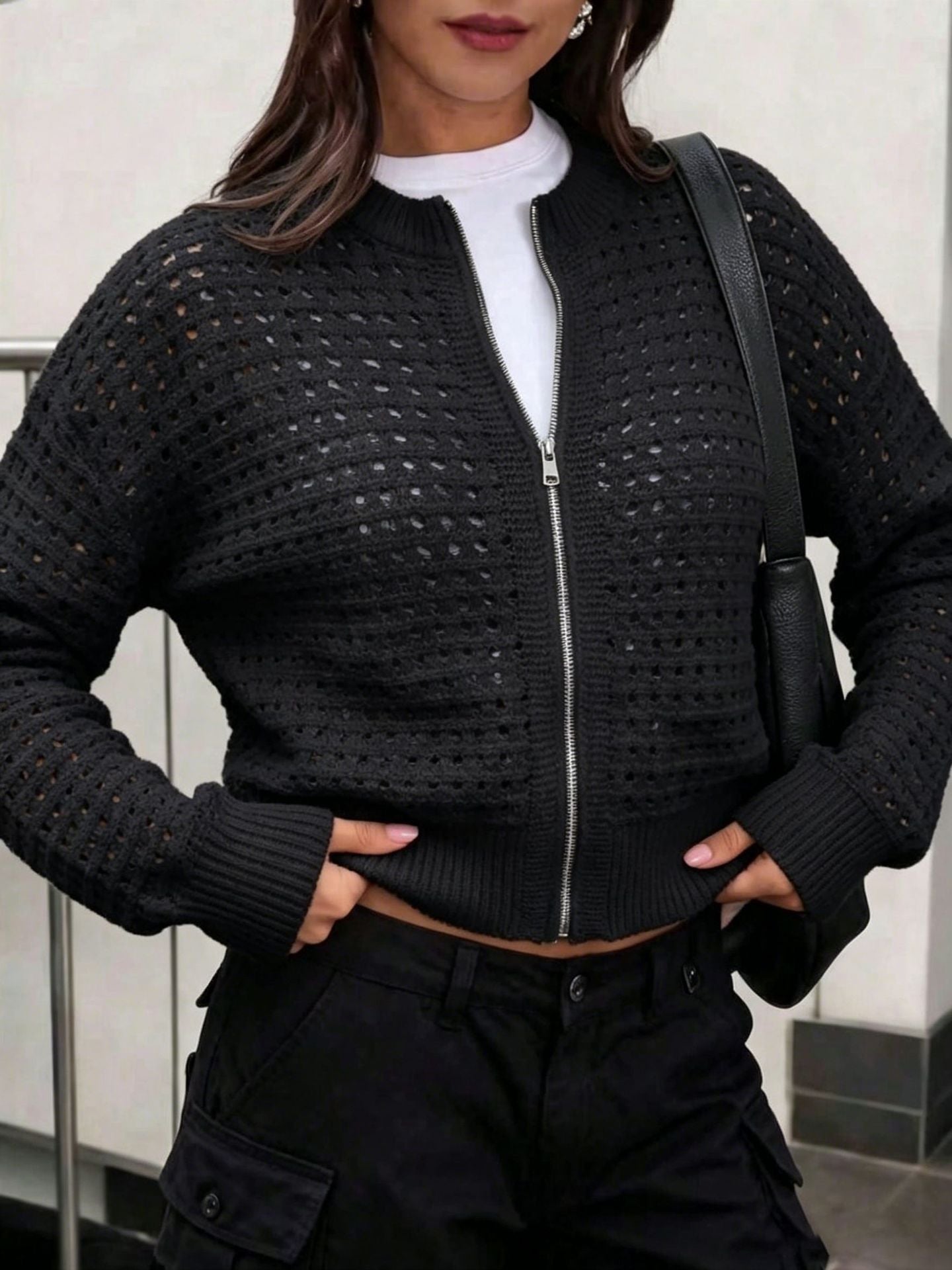 Cropped Crochet Cardigan for Women — Zip-Up Long Sleeve Style in Lightweight Cotton