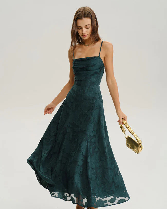 Floral Midi Dress with Spaghetti Straps — Elegant Burnout Style in Chiffon