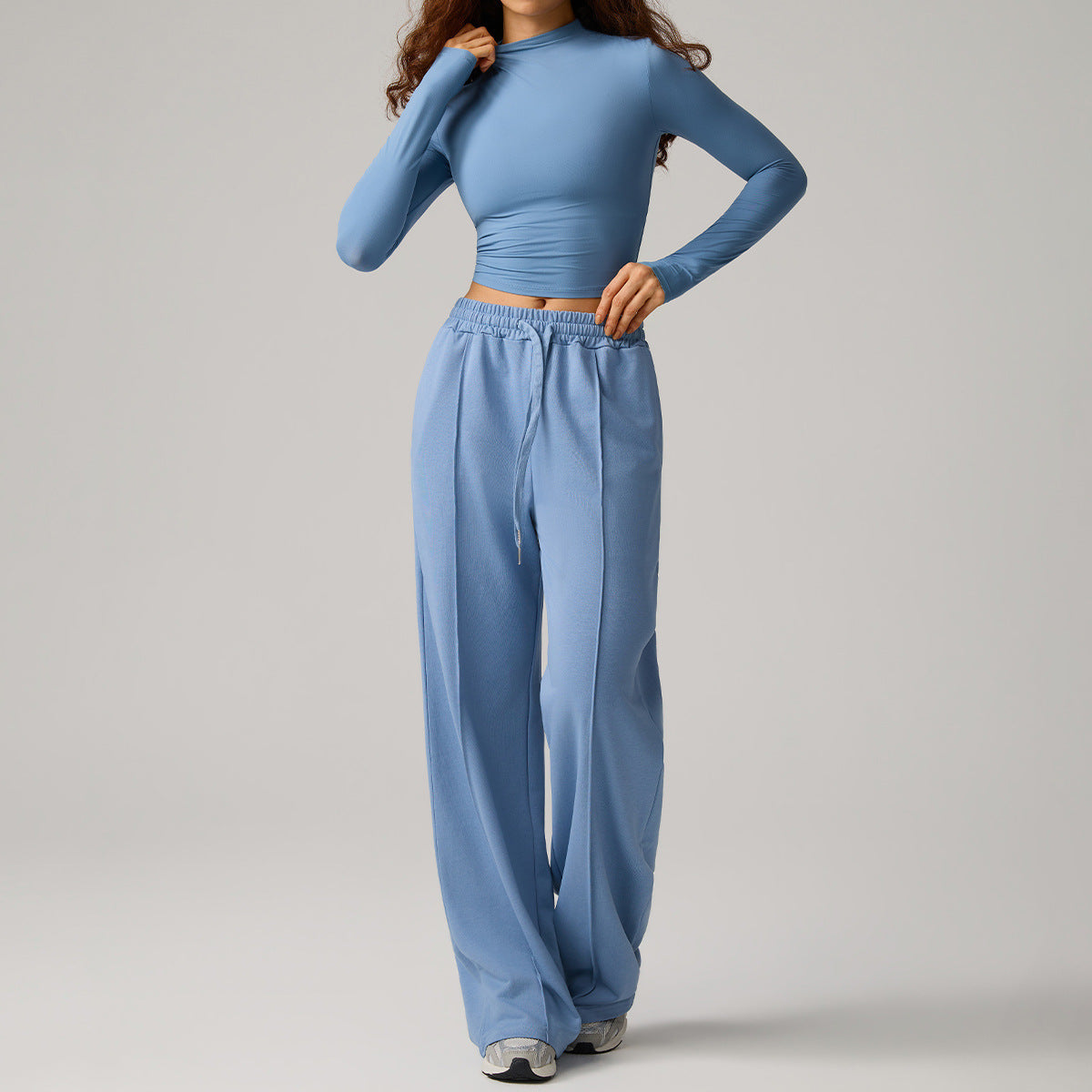 Women’s light blue high-neck long-sleeve top and wide-leg sweatpants set, drawstring