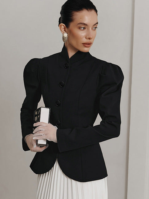Fitted Blazer for Women — Stand Collar Puff Sleeve Jacket in Wool Blend