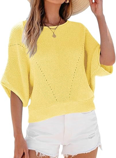 Yellow women’s knit pullover sweater with round neck and short batwing sleeves