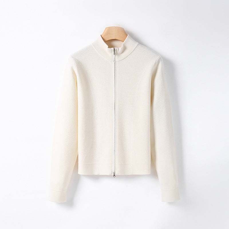 Women’s off-white knit cardigan with stand-up collar and front zipper