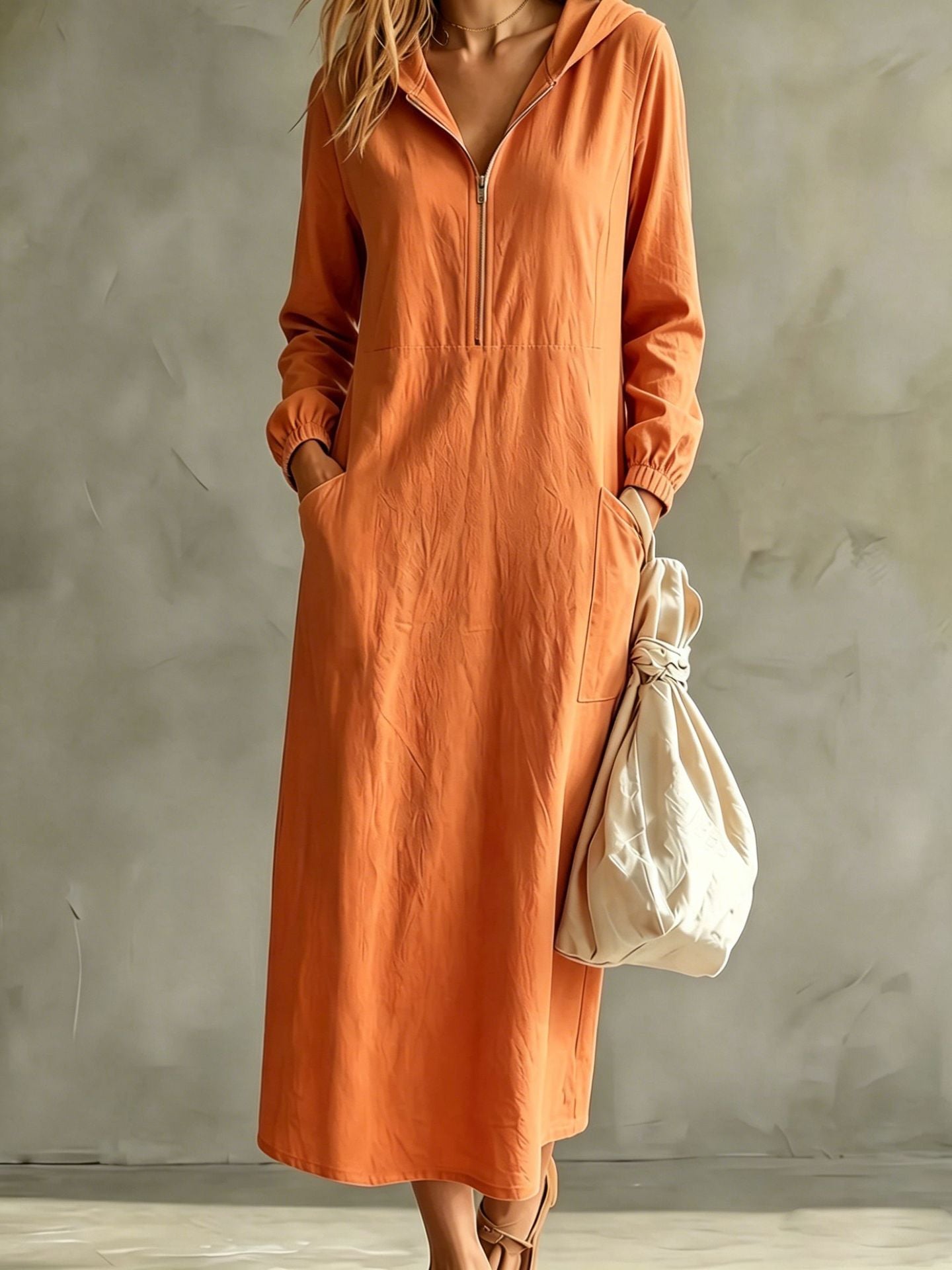 Long Sleeve Linen Maxi Dress — Casual Hooded Half Zip Style with Deep Side Pockets