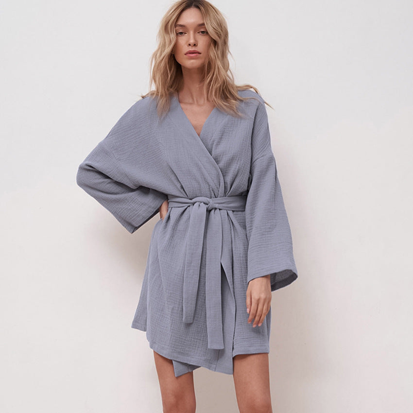 Women’s grey gauze wrap robe nightgown with long sleeves, V-neck, and waist tie belt