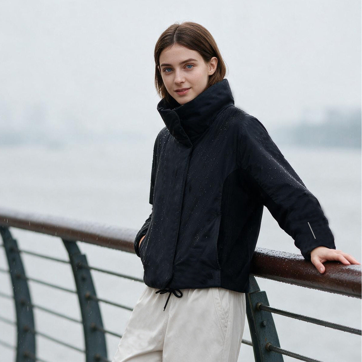 Women’s dark high-neck windproof cotton jacket with cinched hem and zip front