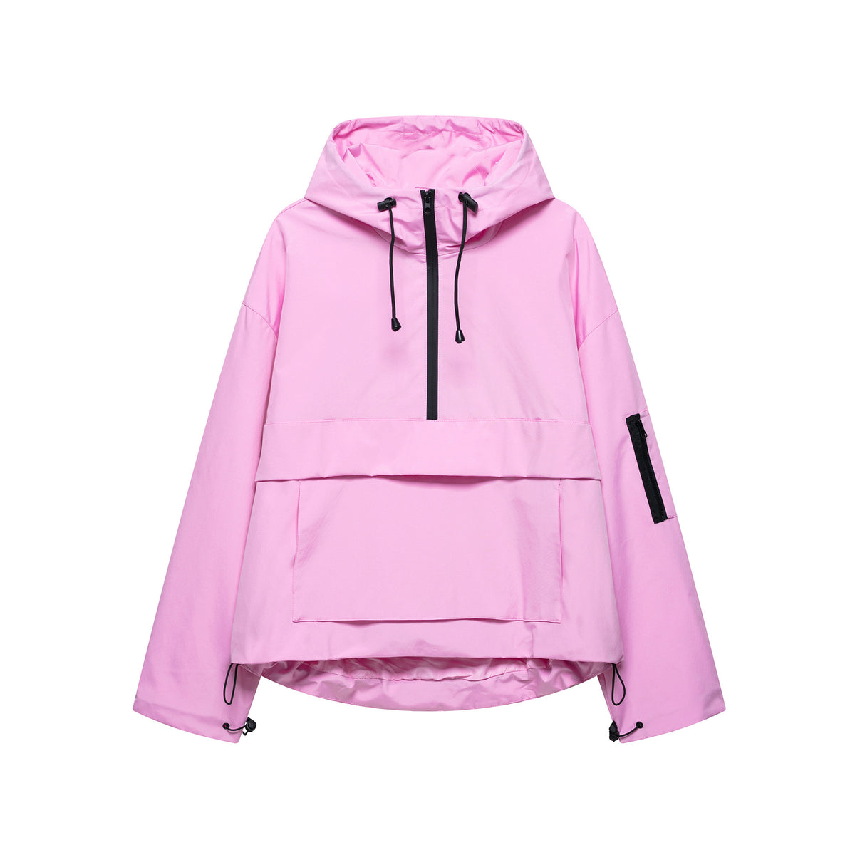Women’s hooded windproof jacket in pink with drawstring hood and center front zipper