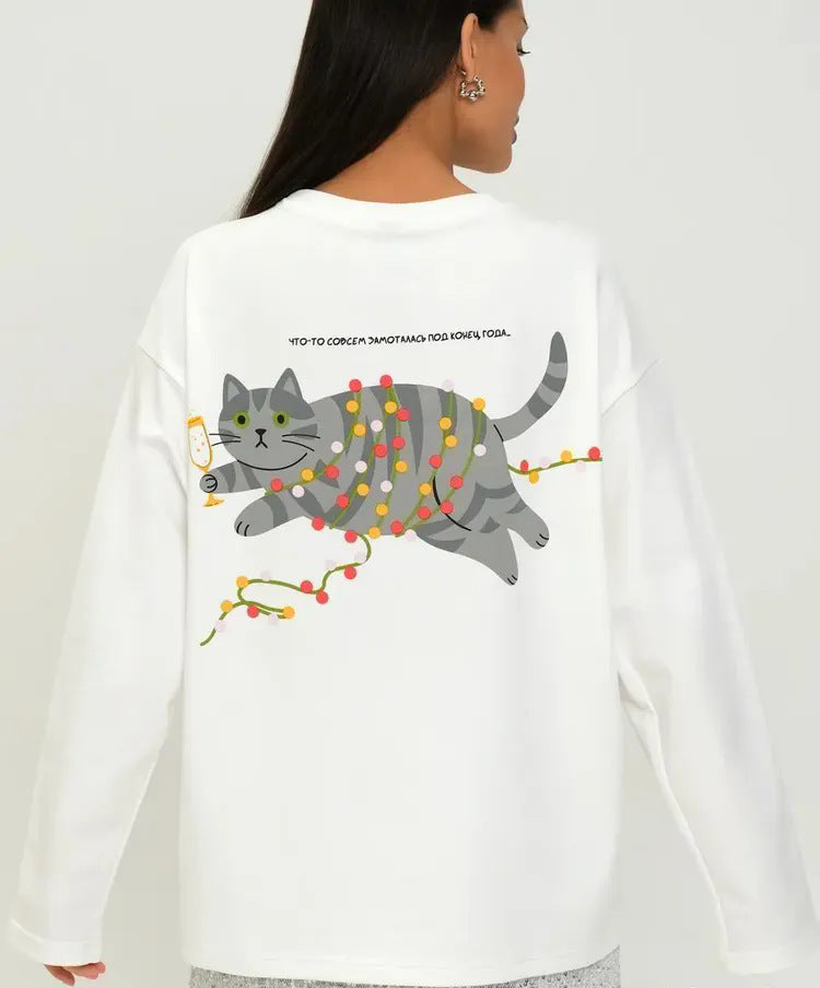 Graphic Long Sleeve Top for Women — Oversized Cat Print Tee in Pure Cotton