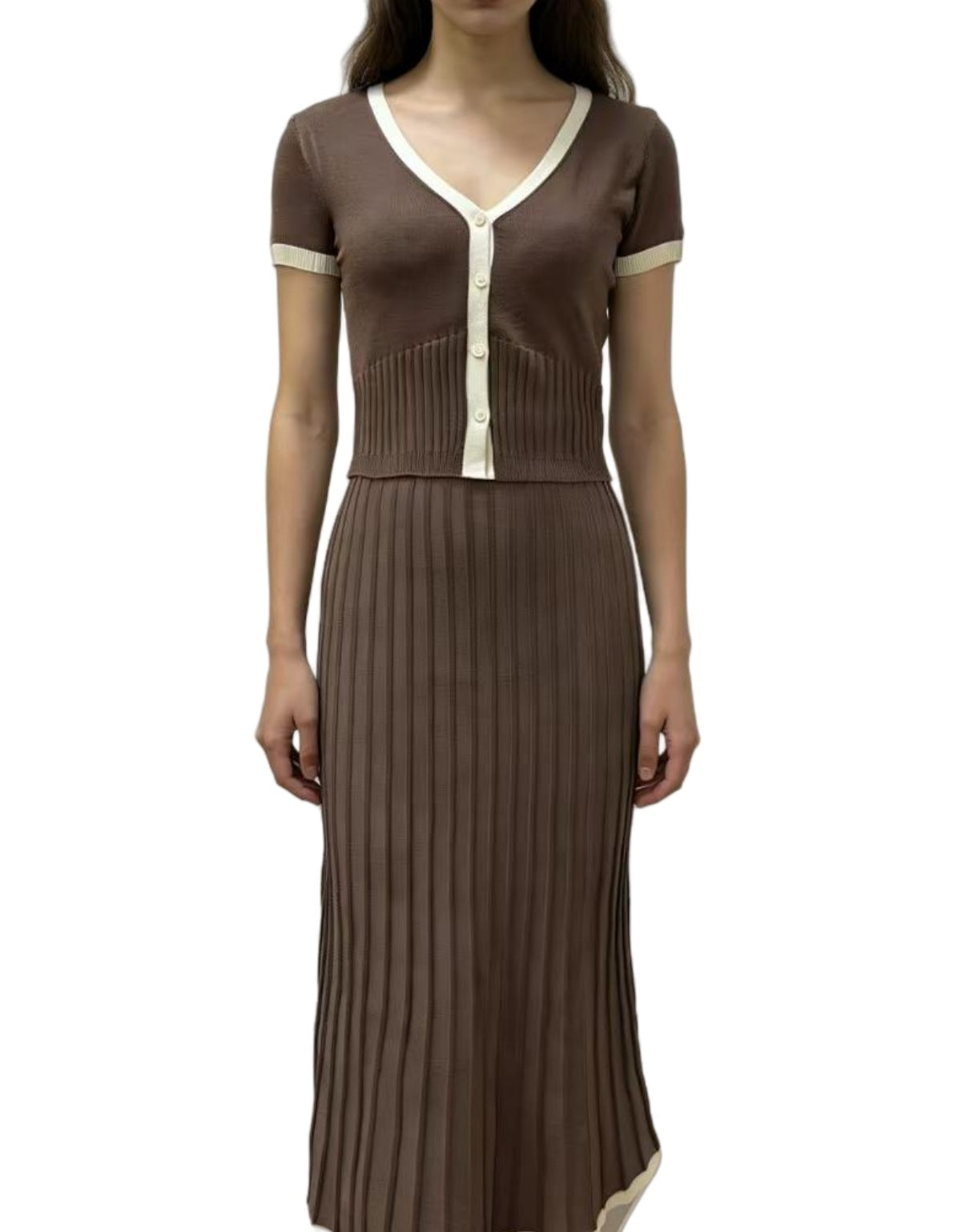 Brown knit two-piece set with cropped button-front top and pleated midi skirt