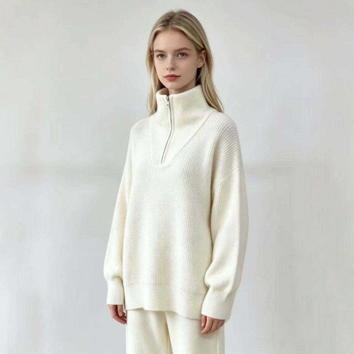 Women’s knit half-zip sweater with turn-down collar, white, oversized pullover
