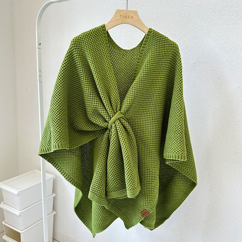 Poncho Shawl Wrap for Women — Open Weave Cape with Twist Front Detail in Soft Knit