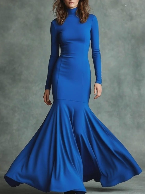 Mermaid Maxi Dress for Women — Long Sleeve Turtleneck Evening Gown in Jersey