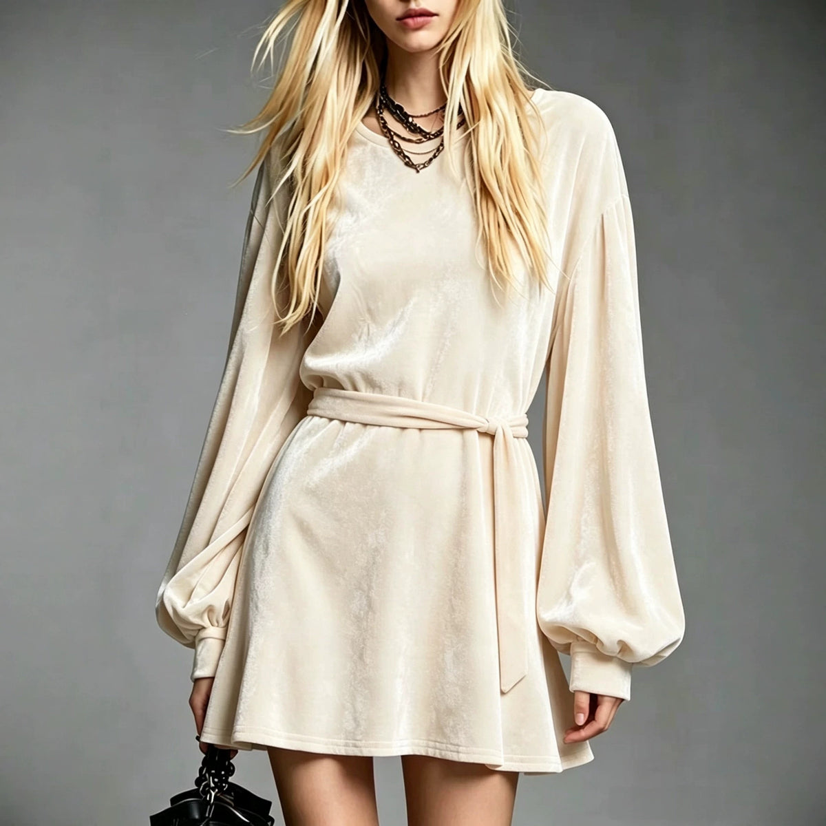 Off-white velvet short dress, round neck, lantern sleeves, tie waist