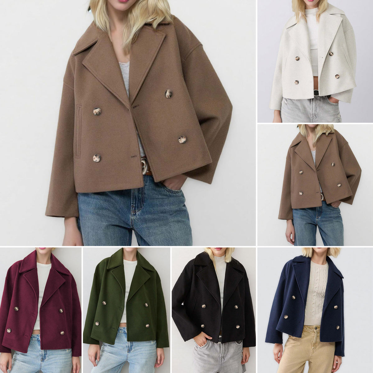 Brown double-breasted short wool jacket with notched lapels and silver button front