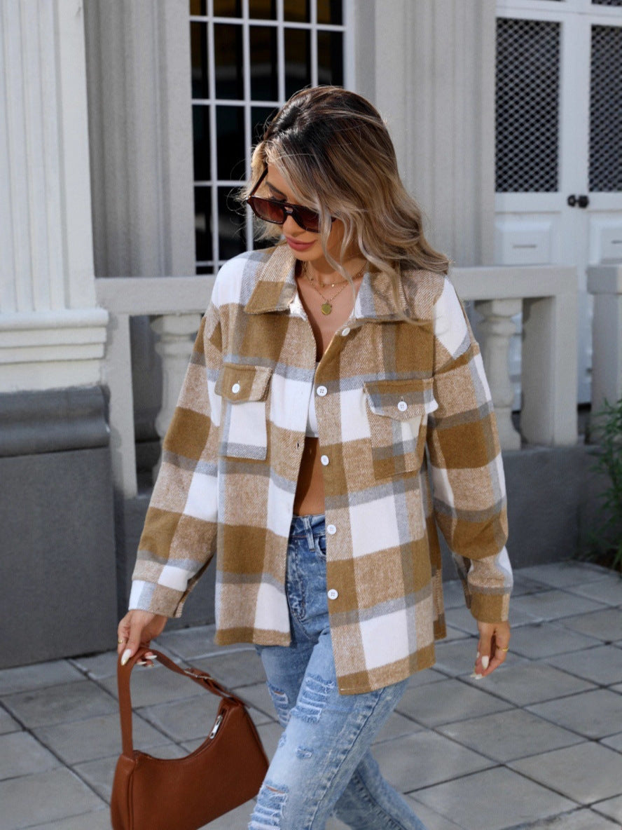Plaid Shacket for Women — Oversized Button Front Shirt Jacket in Brushed Wool Blend