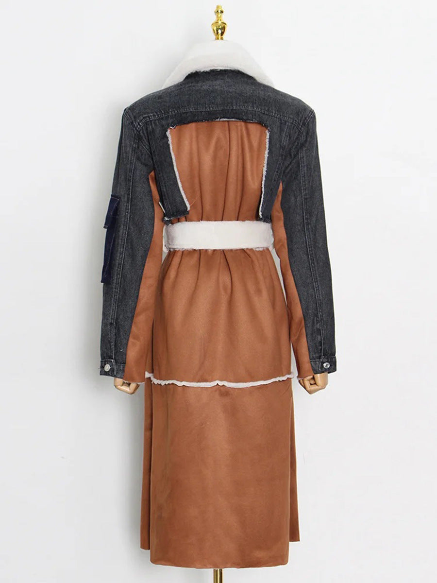 Back view women’s patchwork long coat, dark denim and brown with white sherpa trim