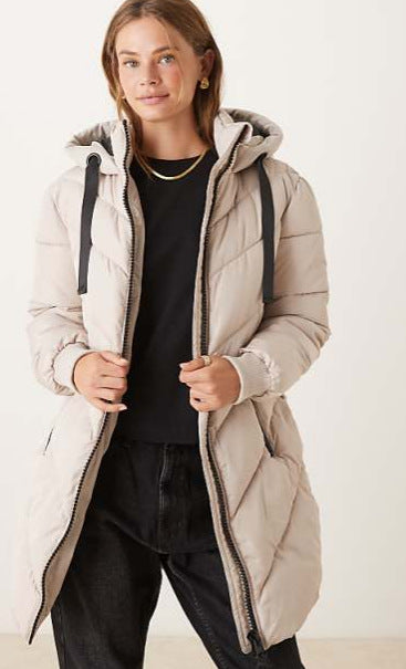 Taupe long puffer down jacket with hood, front zipper, and elastic cuffs.