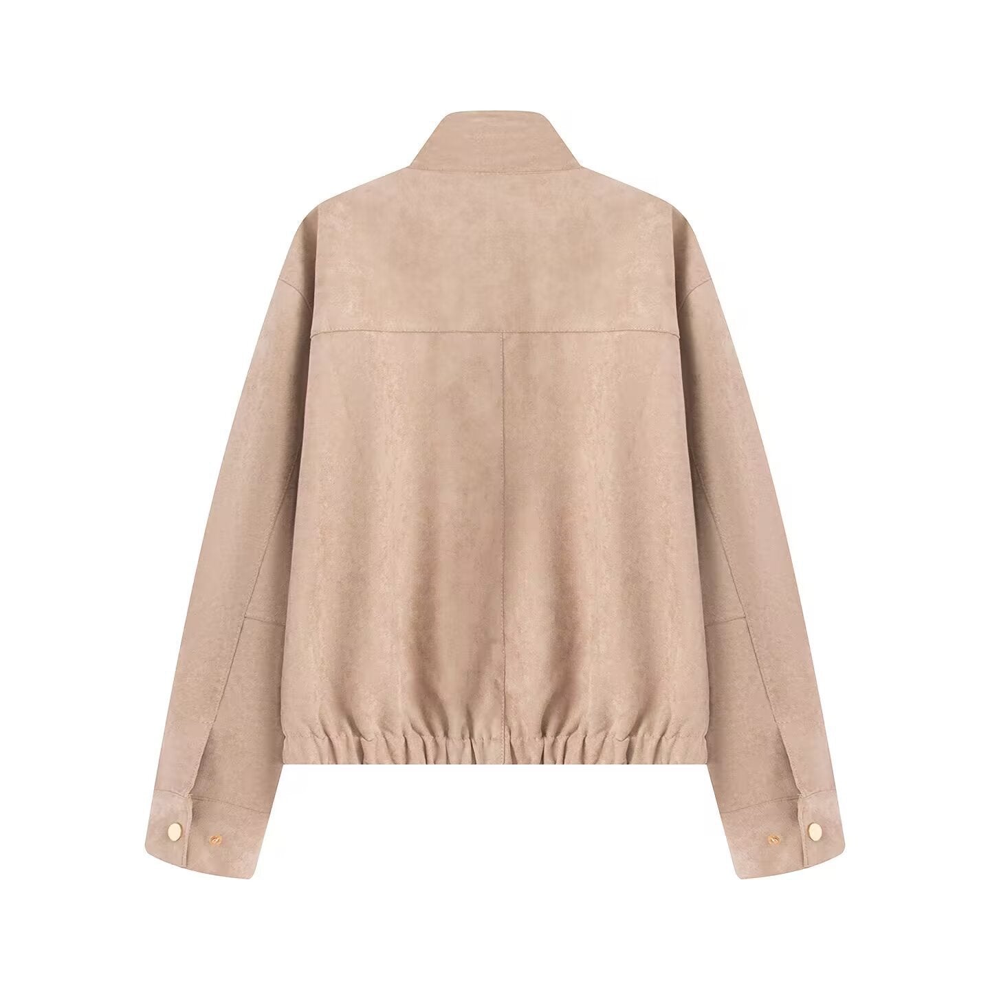 Beige suede-texture jacket back view with stand collar and long sleeves