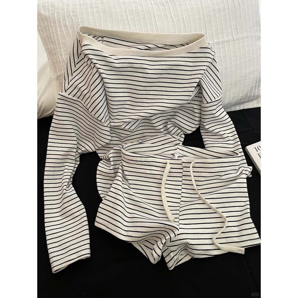 Women's striped slanted-shoulder top and shorts set with drawstring waist, black/white