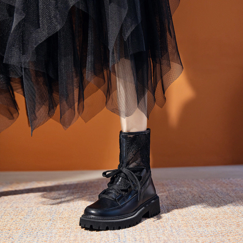 Black lace-up ankle boots with chunky sole and textured mesh-look sides