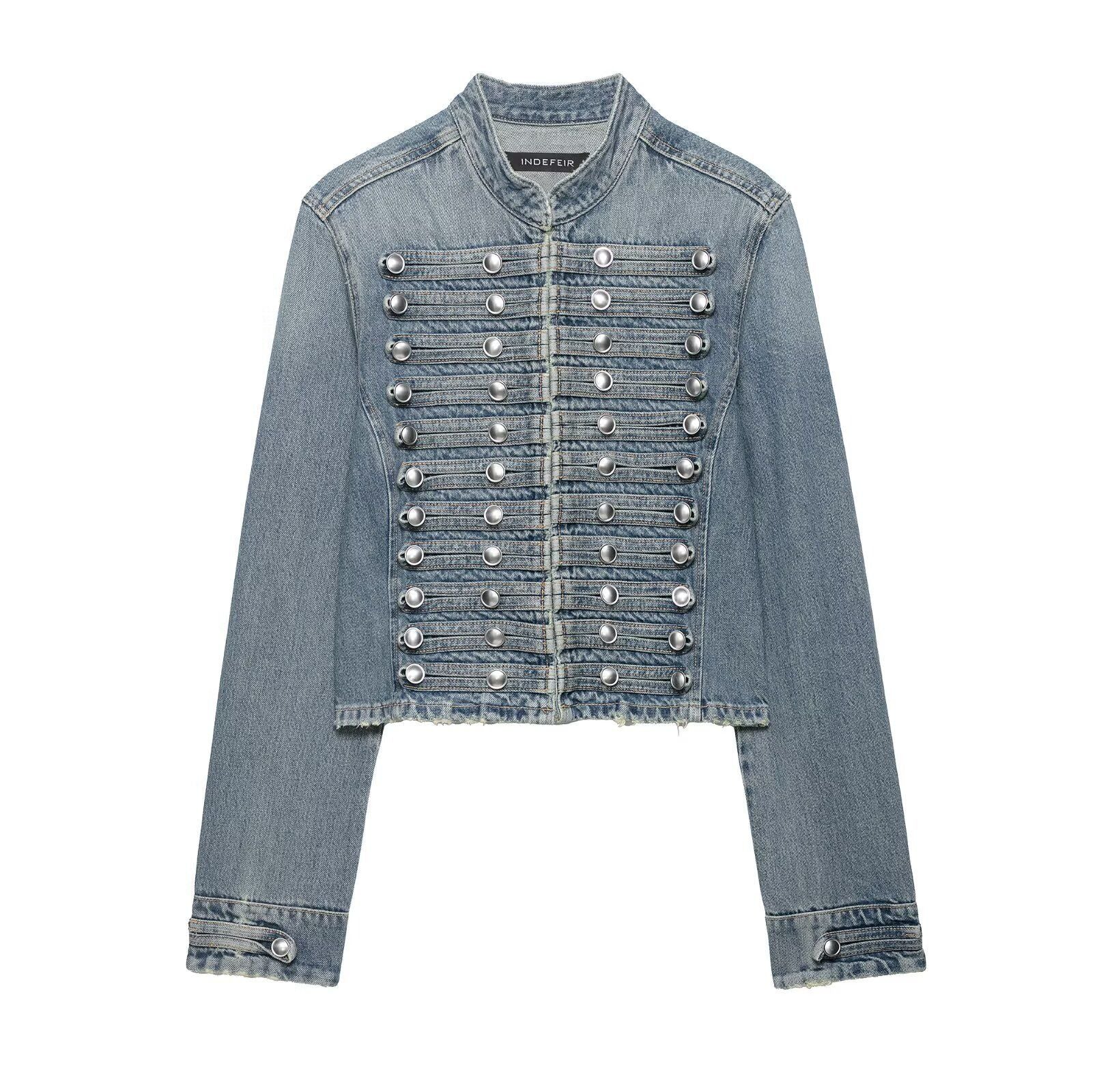 Women’s short light-wash denim jacket with stand collar and double-breasted silver snap studs