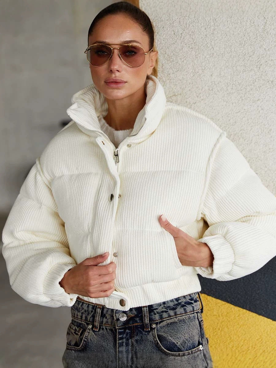 White short puffer jacket with stand collar and button placket, relaxed fit
