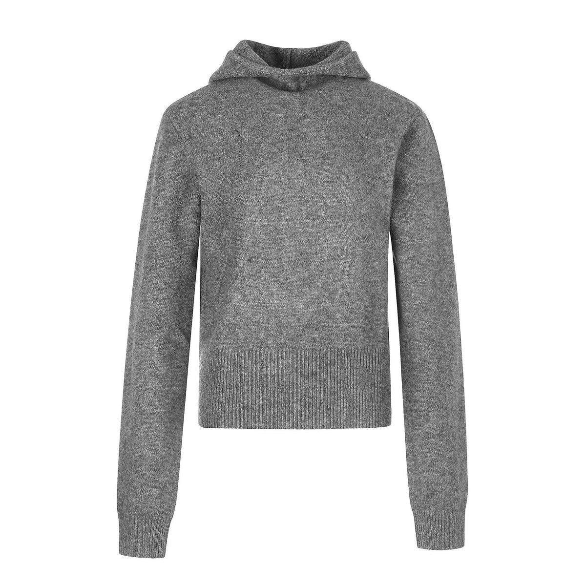 Gray long-sleeve knit sweater with hood, ribbed hem and cuffs