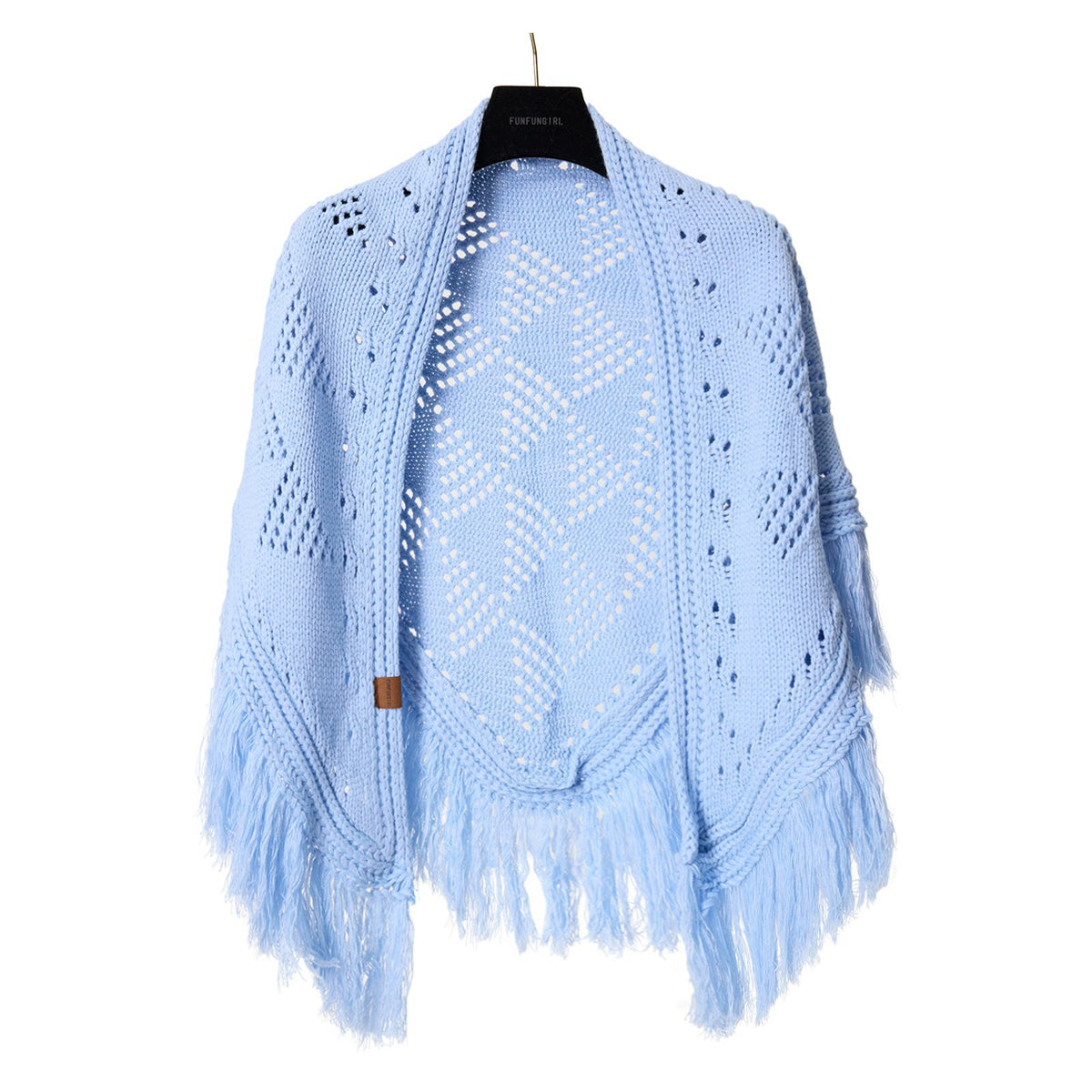 Light blue crochet triangle shawl with hollow diamond pattern and fringe tassels.