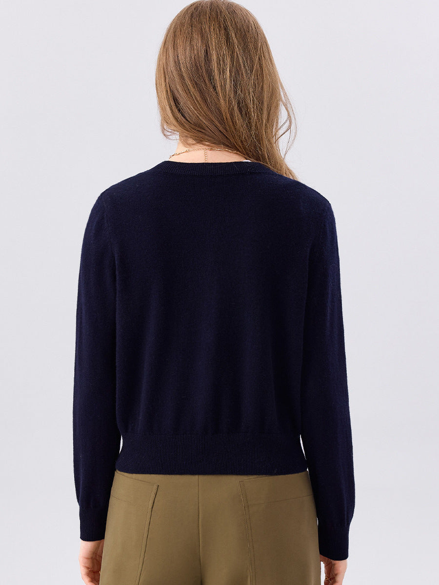 Navy wool cardigan sweater, round neck, button-front, long sleeves, fruit print
