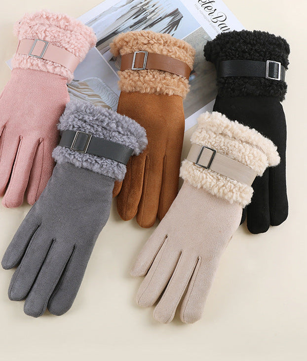 Assorted suede winter gloves with fleece cuffs and adjustable buckle strap