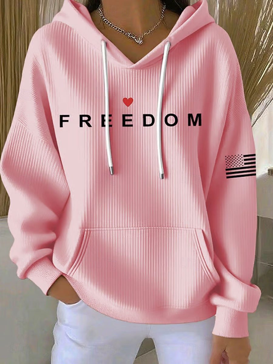 Freedom Graphic Hoodie for Women — Ribbed V Neck Pullover in Soft Cotton