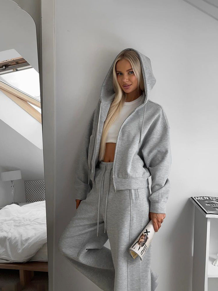 Women's light-gray zip-hooded cardigan with hood pockets and matching jogger pants