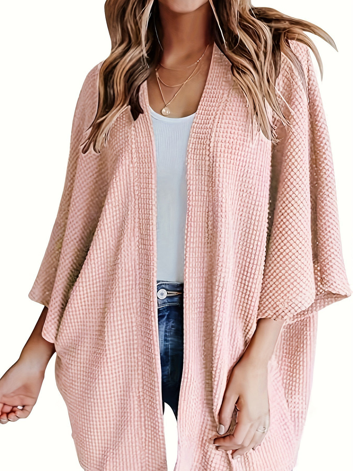 Women's loose textured knit cardigan with 3/4 sleeves, open front, pink