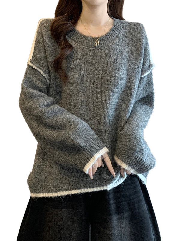 Heather gray knit sweater with crew neck and contrasting striped trim