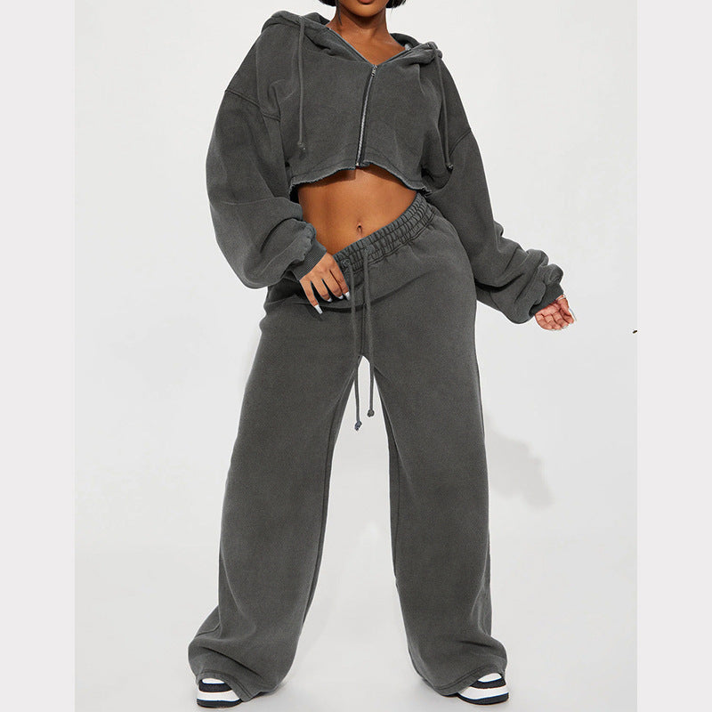 Women’s dark gray zip-front cropped hoodie and drawstring sweatpants set