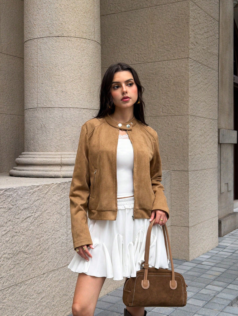 Khaki cropped faux suede zip-up bomber jacket with stand collar and front pockets